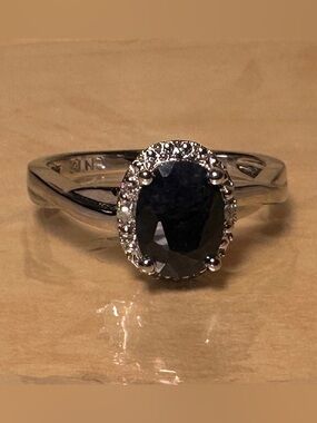 Oval created Black Sapphire with CT. T.W. Diamond Ring Silver - size 6-6.5